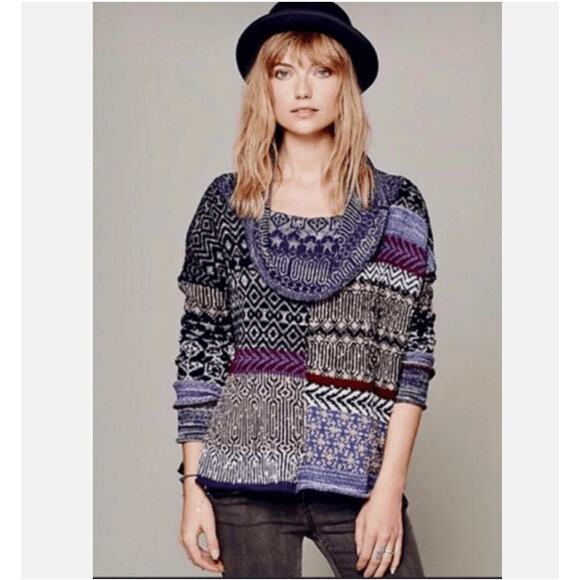 Free People Patchwork Cowl Neck Sweater M | Oversized Fair Isle Boho Knit Grunge - Picture 11 of 15